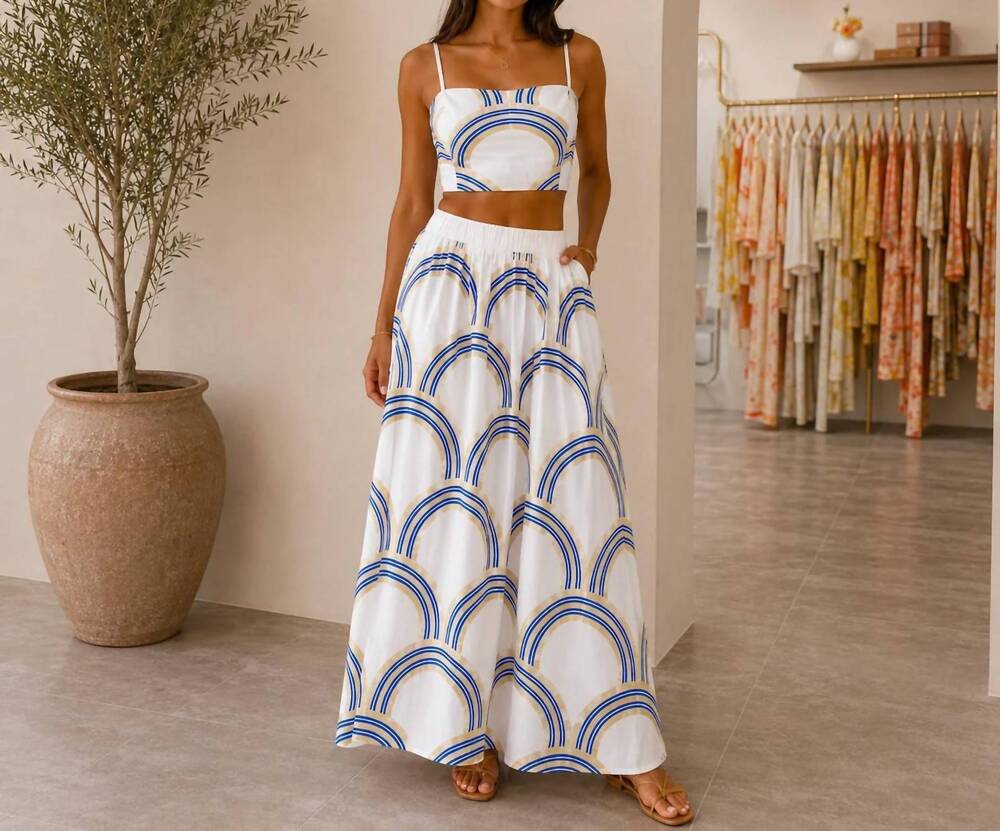 NEW MYSTERY RESORT golden horizon maxi skirt set in blue
